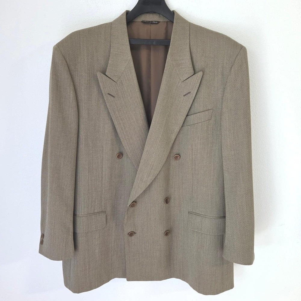 Vintage Canali Made Italy Double Breasted Wool Blazer Khaki Tan Peak Lapel 58R
